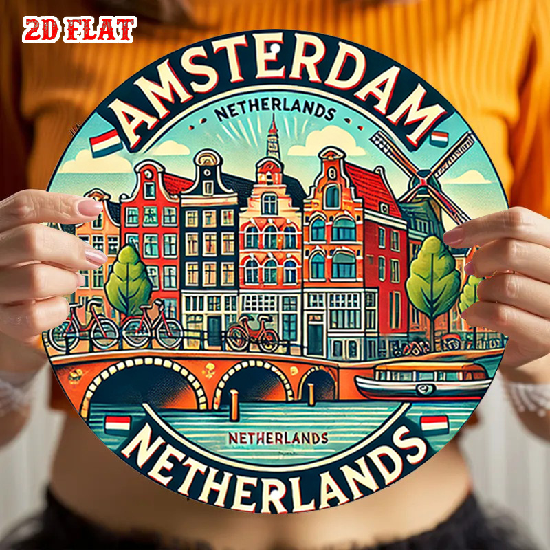 Home Decor Netherlands - لوحة جدارية معدنية دائرية بتصميم أمستردام