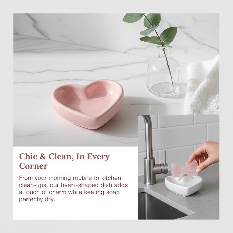 Vanity Home Decor - طبق صابون سيراميك بتصميم قلب وفيونكة