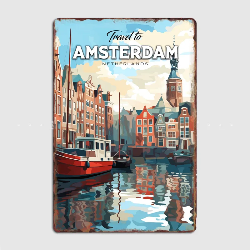 Home Decor Netherlands - لوحة معدنية بتصميم ملصق عتيق لمعالم